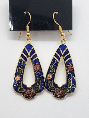 Vintage Blue Cloisonné Enamel Teardrop Earrings Gold Tone Floral Butterfly